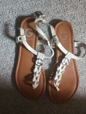 GUESS White Braided T-Strap Sandals with Silver Accents